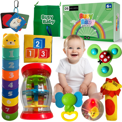 DS Brands Baby Toys 0-6 Months-Montessori Toys For Babies 6-12 Months,1+ year old-Stacking Cups,Suction Spinner Toy, Rainmaker, Flashcards-Sensory Toys -Stocking Filler Newborn Boy Girl Gift Box Set
