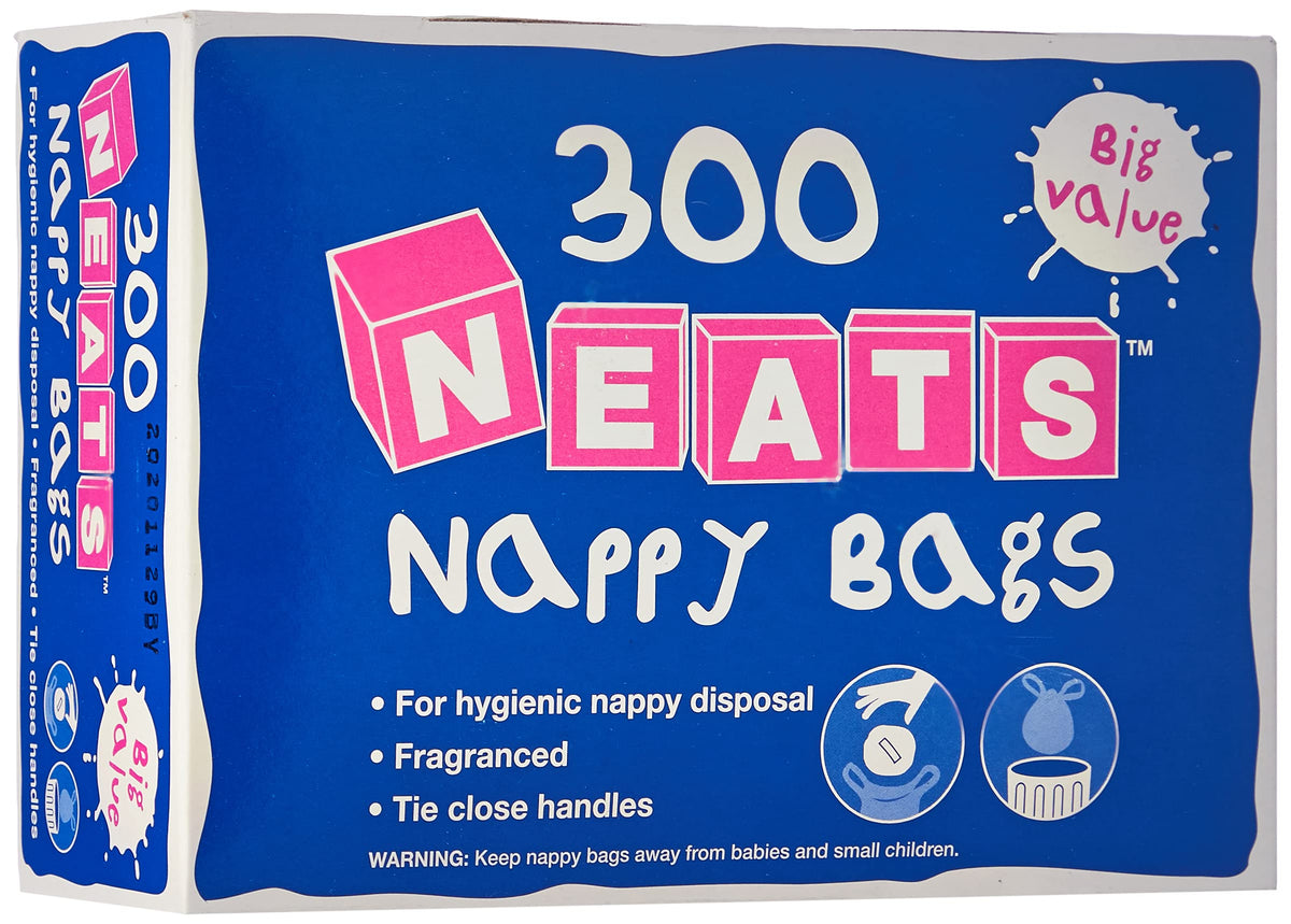 Neats - Nappy Bags, 300 Bulk Box, Tie Handle Disposable Sacks for Nappies, Wipes & Diapers, Fresh Fragrance