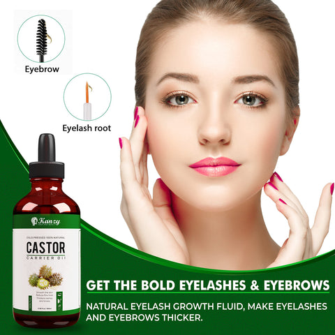 Kanzy Organic Castor Oil for Eyelashes and Eyebrow Growth 100ml Cold Pressed Castor Oil for Hair Growth, Nails & Skin, 100% Natural Caster Oil - Glass Bottle + Peptite + Eyelash & Eyebrow Brush
