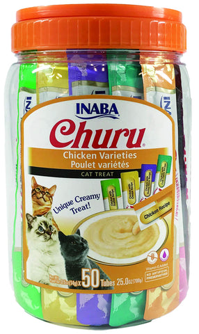 INABA Churu Cat Treats, Grain-Free, Lickable, Squeezable Creamy Purée Cat Treat/Topper with Vitamin E & Taurine, 0.5 Ounces Each Tube, 50 Tubes, Chicken Variety INABA Churu Cat Treats, Grain-Free, Lickable, Squeezable Creamy Purée Cat Treat/Topper with Vitamin E & Taurine, 0.5 Ounces Each Tube, 50 Tubes, Chicken Variety