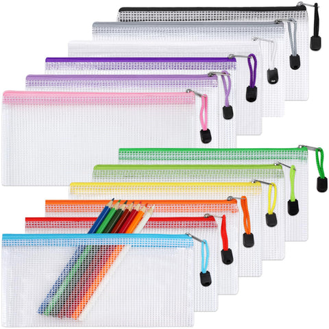 Pencil Case - Set of 12 Clear Zipper Pouches, Plastic Wallets, Waterproof Grid Design for Cards, Cash, Receipt, Stationery (240x110mm)