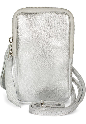 styleBREAKER Ladies Leather Mobile Shoulder Bag with Grained Surface, Zipper, Genuine Leather Mini Bag 02012374, Colour:Silver styleBREAKER Ladies Leather Mobile Shoulder Bag with Grained Surface, Zipper, Genuine Leather Mini Bag 02012374, Colour:Silver