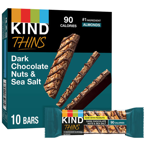 KIND THINS Dark Chocolate Nuts & Sea Salt Bars (Now with Peanuts), Gluten Free, 4g Sugar, 0.74 oz bars, 10 count KIND THINS Dark Chocolate Nuts & Sea Salt Bars (Now with Peanuts), Gluten Free, 4g Sugar, 0.74 oz bars, 10 count