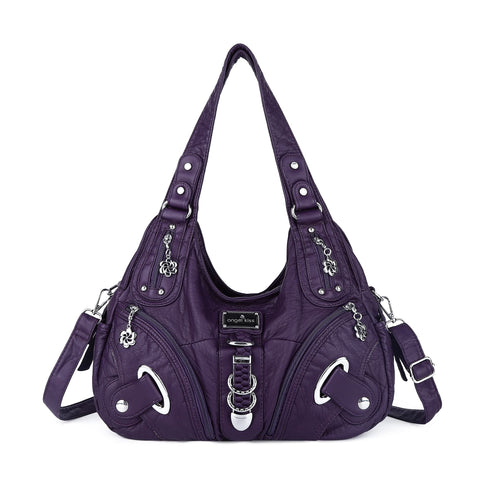 Angelkiss Women Multiple Pockets Purses and Handbags Washed Leather, Two Top Zippers Closure, Purple Angelkiss Women Multiple Pockets Purses and Handbags Washed Leather, Two Top Zippers Closure, Purple