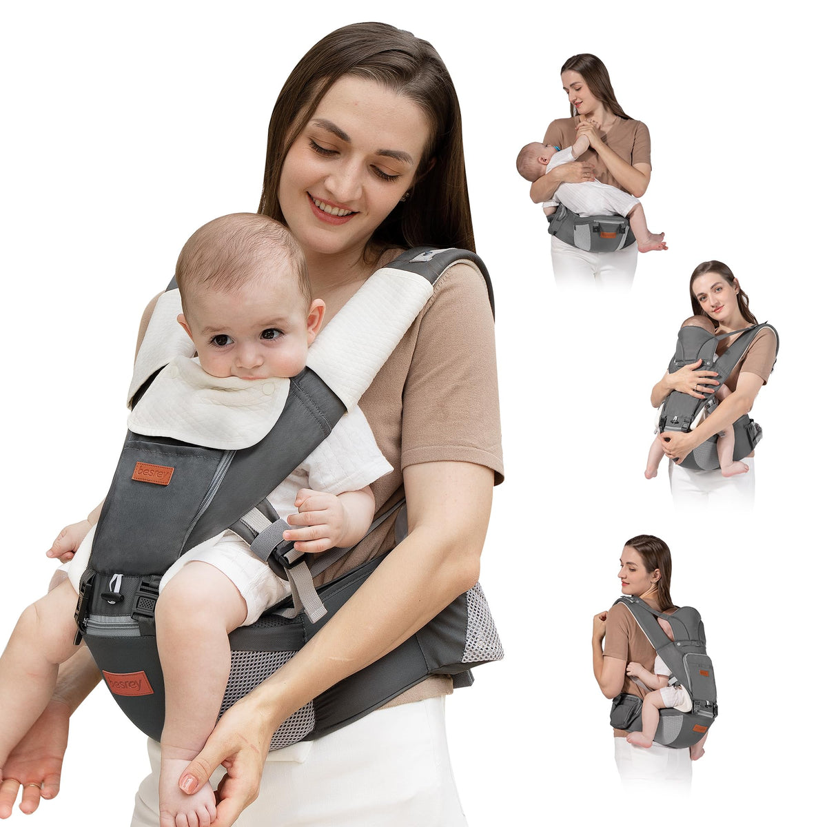 besrey Baby Carrier Newborn to Toddler, Baby Carrier Hipseat 0-36Months with Head Hood, 3 PCS Teething Pads, Multifunction Baby Carrier Hip Seat (Ergonomic M Position)