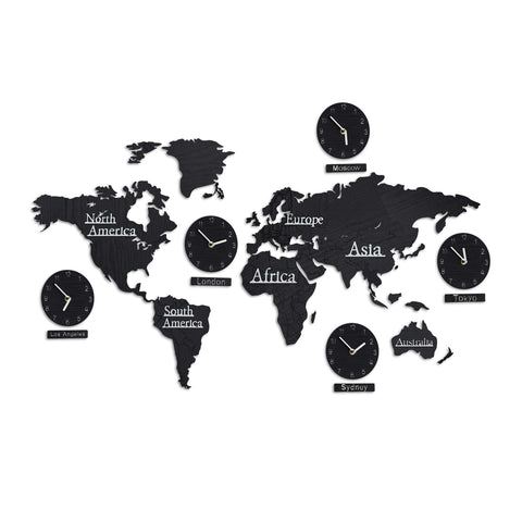 Relaxdays World Map with 5 Clocks, Wooden, Choose from 10 Different Cities, 3D Template Stencil, HxW: 61 x 113 cm, Black, Fibreboard, 1 item Relaxdays World Map with 5 Clocks, Wooden, Choose from 10 Different Cities, 3D Template Stencil, HxW: 61 x 113 cm, Black, Fibreboard, 1 item