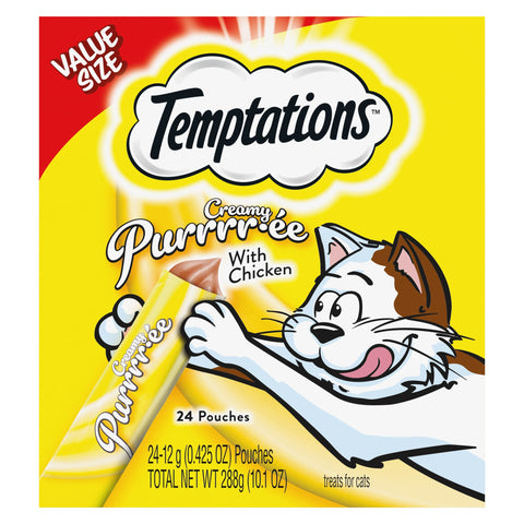 Temptations Creamy Puree with Chicken, Lickable Cat Treats, 0.42 oz Pouches, 24 Count Temptations Creamy Puree with Chicken, Lickable Cat Treats, 0.42 oz Pouches, 24 Count