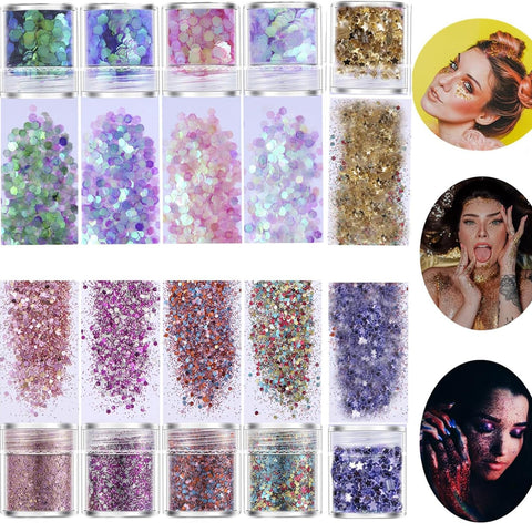 Rosarden Makeup Glitter for Face, 10 Colors Holographic Chunky Glitter, Cosmetic Hair & Face Body Set, Gel Kit, Painting Women, Rave Rosarden Makeup Glitter for Face, 10 Colors Holographic Chunky Glitter, Cosmetic Hair & Face Body Set, Gel Kit, Painting Women, Rave