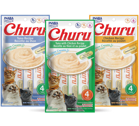 INABA Churu Lickable Purée Natural Cat Treats Tuna & Chicken 3 Flavor Assortment of 12 Tubes INABA Churu Lickable Purée Natural Cat Treats Tuna & Chicken 3 Flavor Assortment of 12 Tubes