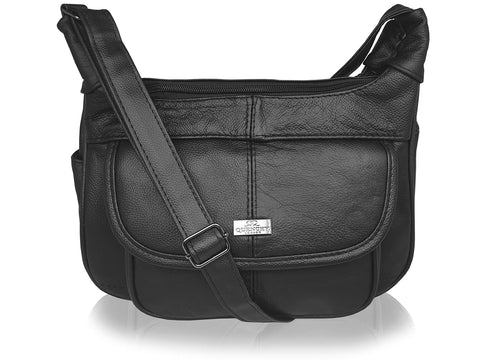 Quenchy London Leather Ladies Handbag - Cross Body Shoulder Hand Bag - Single Adjustable Across The Chest Strap - Multiple Pockets - Medium Size - Black Real Cow Hide QL747K Quenchy London Leather Ladies Handbag - Cross Body Shoulder Hand Bag - Single Adjustable Across The Chest Strap - Multiple Pockets - Medium Size - Black Real Cow Hide QL747K