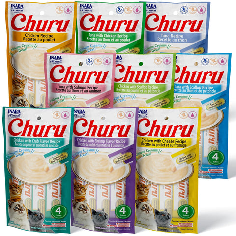 INABA Churu Cat Treats, Grain-Free, Lickable, Squeezable Creamy Purée Cat Treat/Topper with Vitamin E & Taurine, 0.5 Ounces Each Tube, 36 Tubes (4 per Pack), 9 Flavor Variety INABA Churu Cat Treats, Grain-Free, Lickable, Squeezable Creamy Purée Cat Treat/Topper with Vitamin E & Taurine, 0.5 Ounces Each Tube, 36 Tubes (4 per Pack), 9 Flavor Variety