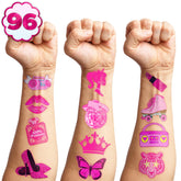 87 PCS Pink Girl Temporary Tattoos - Hot Pink Princess Baby Shower Birthday Party Decorations, Let's Go Party Supplies Favors Pink Tattoos for Kids Girls Bachelorette Woman Adult