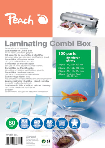 Peach PPC500-03A Laminating Pouches Economy Set 100 Films | A4, A5, A6 and Business Card | 2 x 80 mic | Glossy Finish | Compatible with Laminators of All Brands Peach PPC500-03A Laminating Pouches Economy Set 100 Films | A4, A5, A6 and Business Card | 2 x 80 mic | Glossy Finish | Compatible with Laminators of All Brands