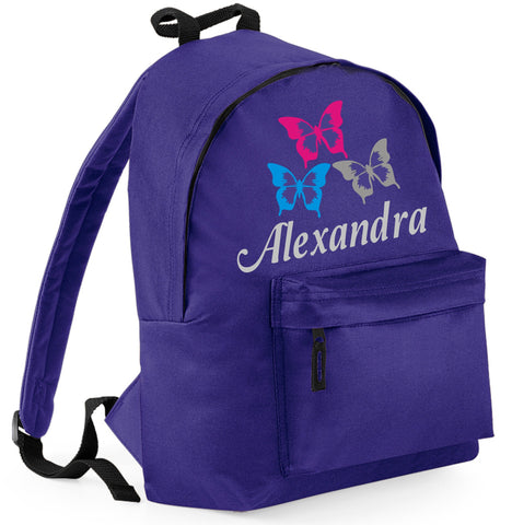 Edward Sinclair PERSONALISED | NAME BUTTERFLY DESIGN | Purple School Backpack | Blue, Silver & Pink Sparkling Glitter print Edward Sinclair PERSONALISED | NAME BUTTERFLY DESIGN | Purple School Backpack | Blue, Silver & Pink Sparkling Glitter print