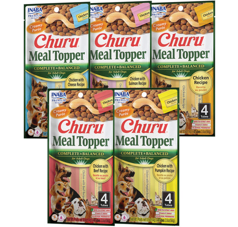 INABA Churu Meal Topper for Dogs, Complete & Balance, Creamy, Lickable Purée Dog Food Topper, 0.5 Ounce Tube, 20 Tubes (4 per Pack), 5 Flavor Variety INABA Churu Meal Topper for Dogs, Complete & Balance, Creamy, Lickable Purée Dog Food Topper, 0.5 Ounce Tube, 20 Tubes (4 per Pack), 5 Flavor Variety