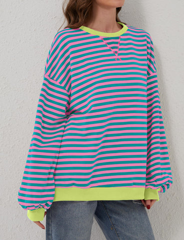 TERIVEEK Women Oversized Striped Color Block Long Sleeve Crew Neck Sweatshirt Casual Loose Pullover Y2K Shirt Top, Pink, XL