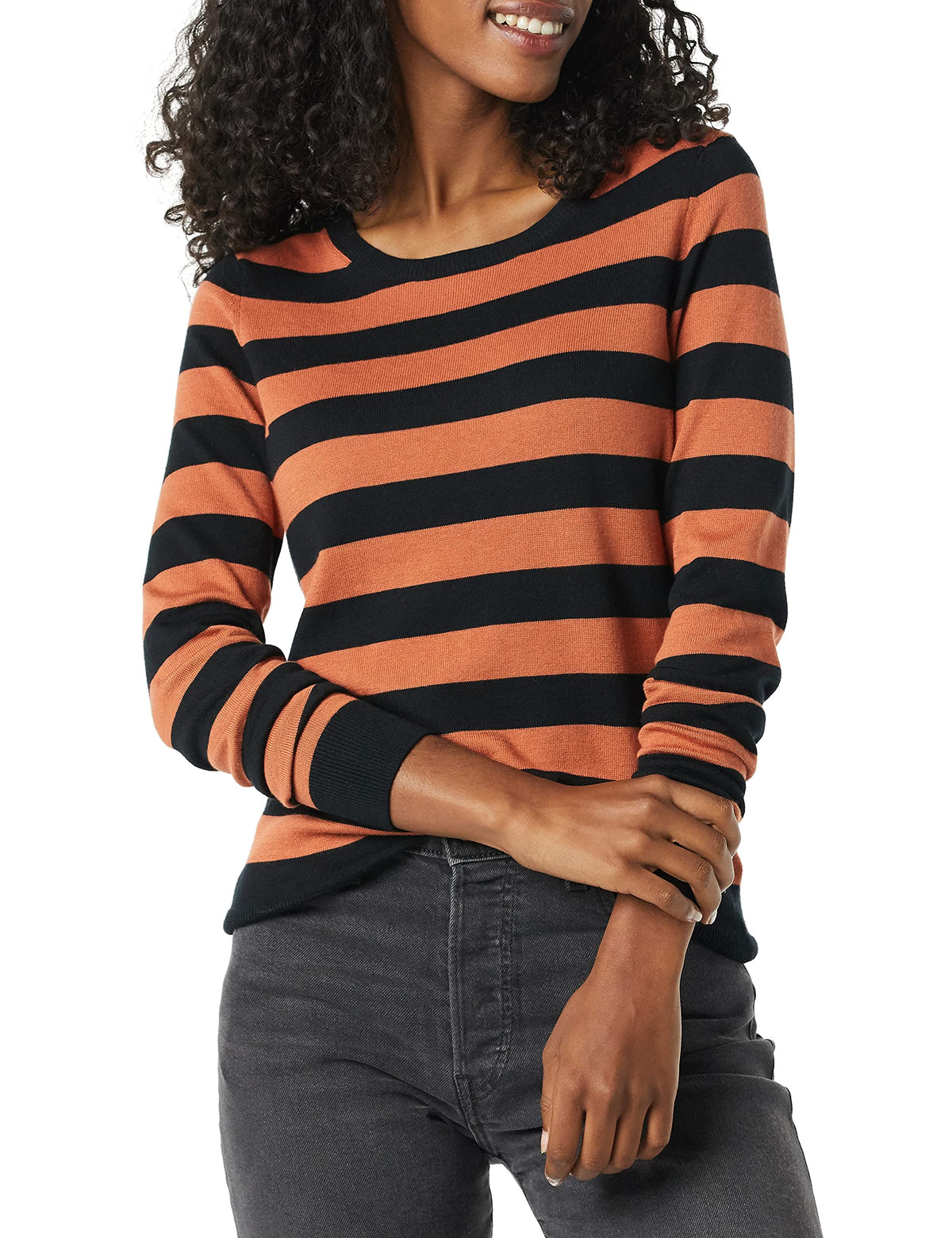 Amazon Essentials Women's Long-Sleeve Lightweight Crewneck Jumper (Available in Plus Size), Black Caramel Rugby Stripe, L