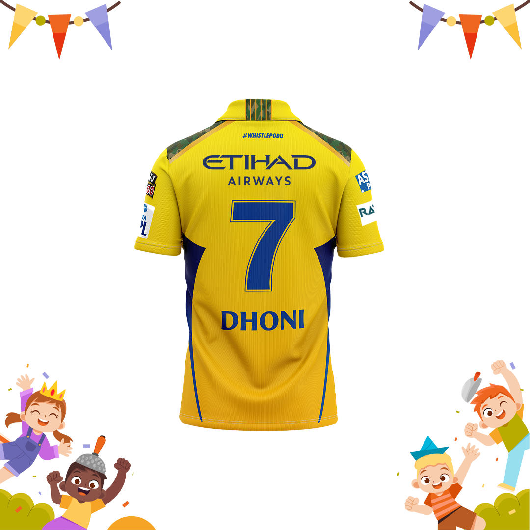 Chennai Super Kings IPL 2024 Official Fan Jersey - Dhoni 7 - Kids Half Sleeve