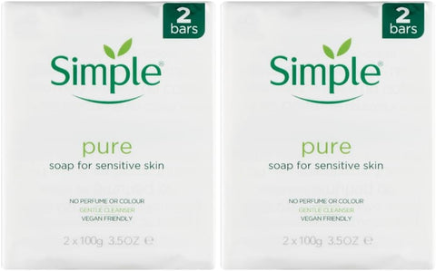 Simple Pure Hand Soap Bars - For Sensitive Skin Gentle Cleanser and Purifies Face and Boady No Parfume Dermatologically Tested Twin Pack 100g