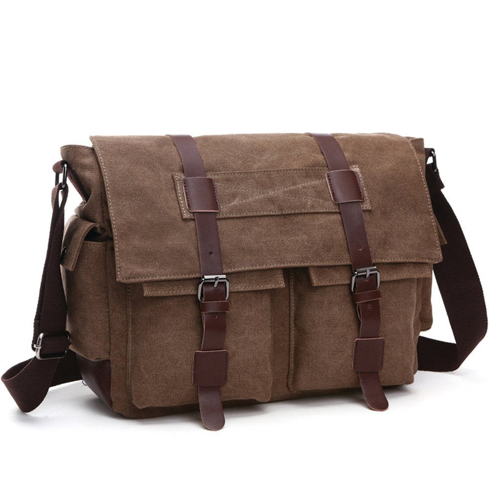 LOSMILE Shoulder Bag, Mens Messenger Bags, 16 Inches Vintage Military Canvas Laptop Bag for Work and School, Multiple Pocket. (Large, Coffee)