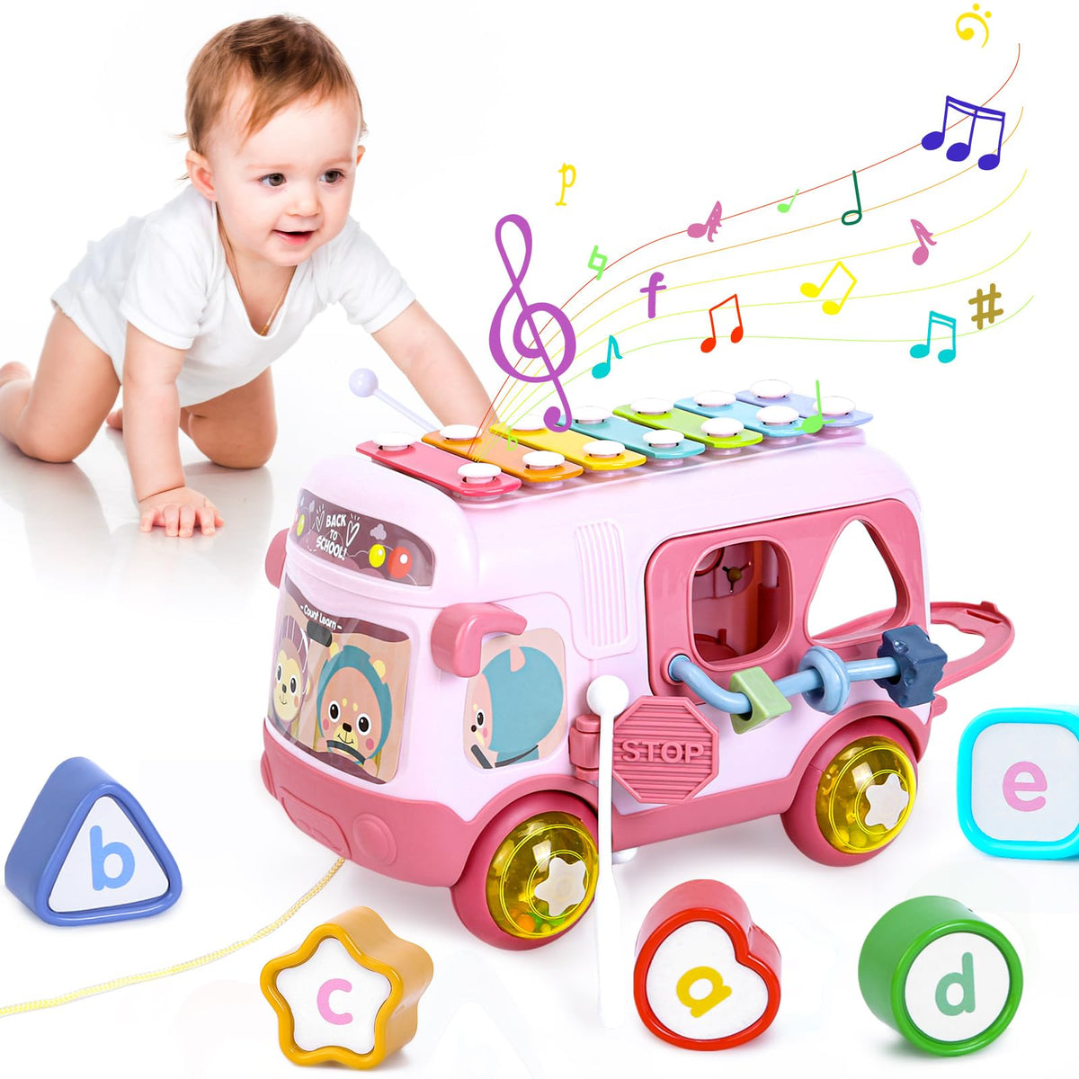 Toys Gifts for 1 Year Old Girls, Baby Girl Toy 12 18 Months Musical Sensory Bus with Xylophone, Shape Sorter Pull Along Toy for 12-18 Months Early Educational Toy Birthday Chirstmas Present