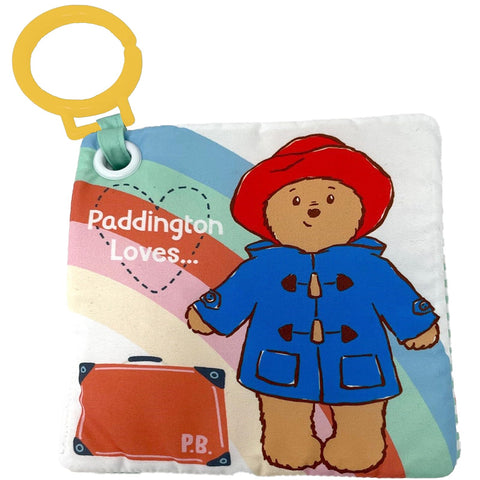 Rainbow Designs Paddington Bear Baby Cloth Book - Touch and Feel Play & Go Square Book for Babies - Colourful Soft Toy with Squeaky & Crinkly Pages - Sensory Pram Toy