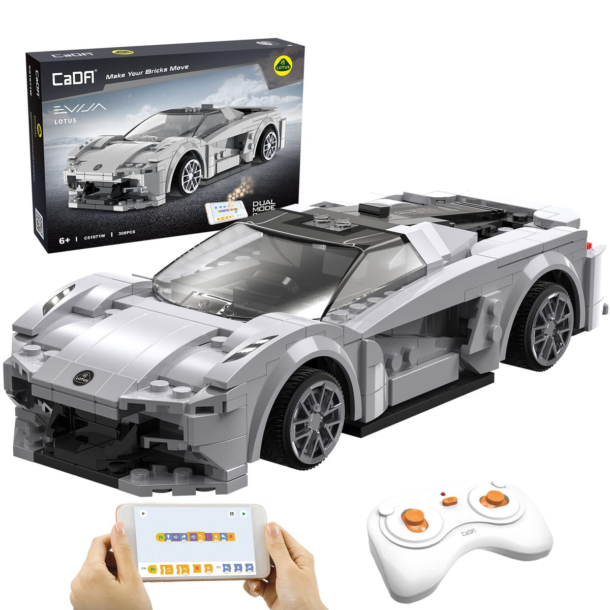 CaDA Remote Control Car Lotus Evija, 308 Pcs RC Cars Building Toys, Model Car Kits Building Blocks, STEM Toys for Boys with Programmable APP, Birthday Gifts for Kids 6 7 8 9 10+ Years Old