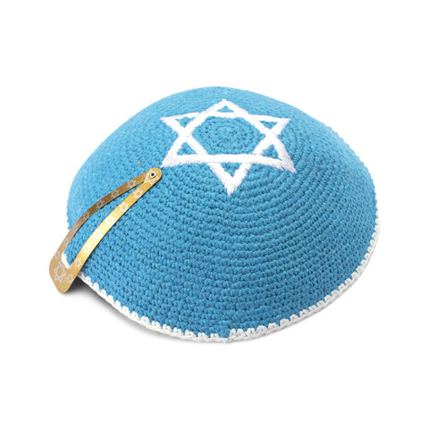 JL Kippah Cotton Embroidery Knitted Turquoise Silver Star of David Yarmulke 15cm