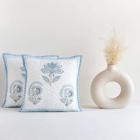 HOMEMONDE Sanganeri Hand Block Printed Soft Cushion Cover Set of 2 - Square 16 x 16 Inches Cotton Throw Pillow Cover, Baby Blue
