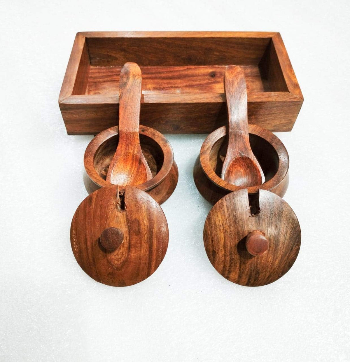 DWH DELUXE WOOD HANDICRAFTS ecorative Box Wooden Jars Mukhwas Container Multipurpose Mukhwas Tray Set Refreshment Serveware Supari Saunf and Masala Box Container Set of 2 Box with Tray and Spoon