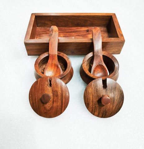 DWH DELUXE WOOD HANDICRAFTS ecorative Box Wooden Jars Mukhwas Container Multipurpose Mukhwas Tray Set Refreshment Serveware Supari Saunf and Masala Box Container Set of 2 Box with Tray and Spoon