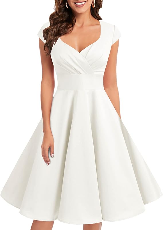 Bbonlinedress Vintage White Wedding Dress for Women 1950s Retro Formal Summer Cocktail Swing Party Dress Off White XS