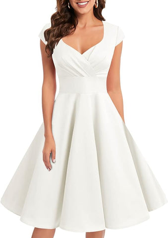 Bbonlinedress Vintage White Wedding Dress for Women 1950s Retro Formal Summer Cocktail Swing Party Dress Off White XS