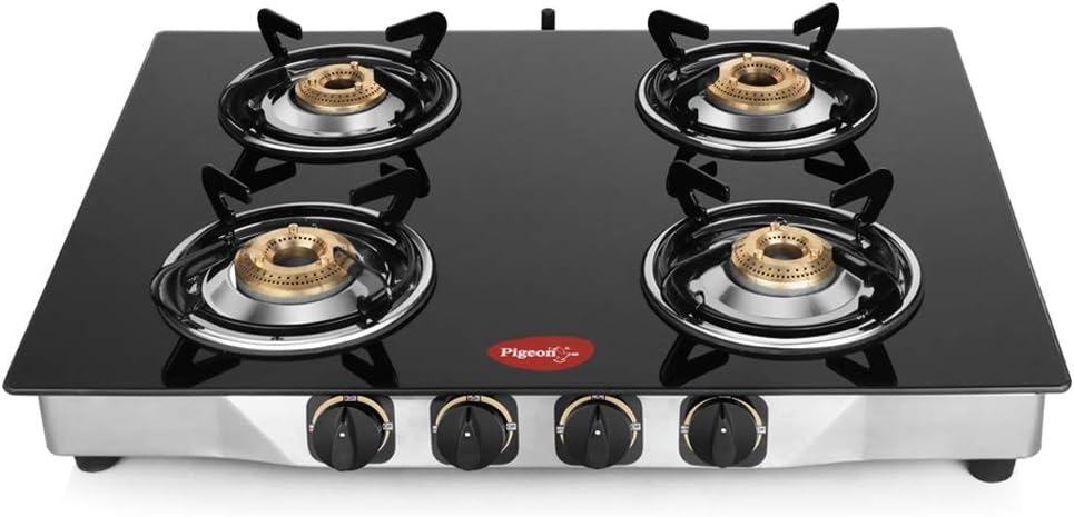 Pigeon by Stovekraft Blaze Gas Stove with High Powered 4 Brass Burner, Glass Cooktop has Glass Top and Stainless Steel body, Manual Ignition (Black)
