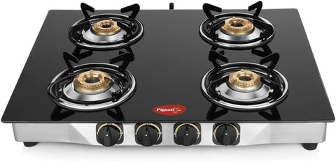 Pigeon by Stovekraft Blaze Gas Stove with High Powered 4 Brass Burner, Glass Cooktop has Glass Top and Stainless Steel body, Manual Ignition (Black)