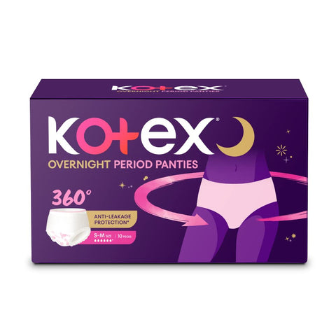 Kotex Overnight Period Panties (Small/Medium size, pack of 10 panties) for heavy flow period protection | with 360 degree anti-leakage design & airy-soft fabric | 1 panty = ~3 regular pads
