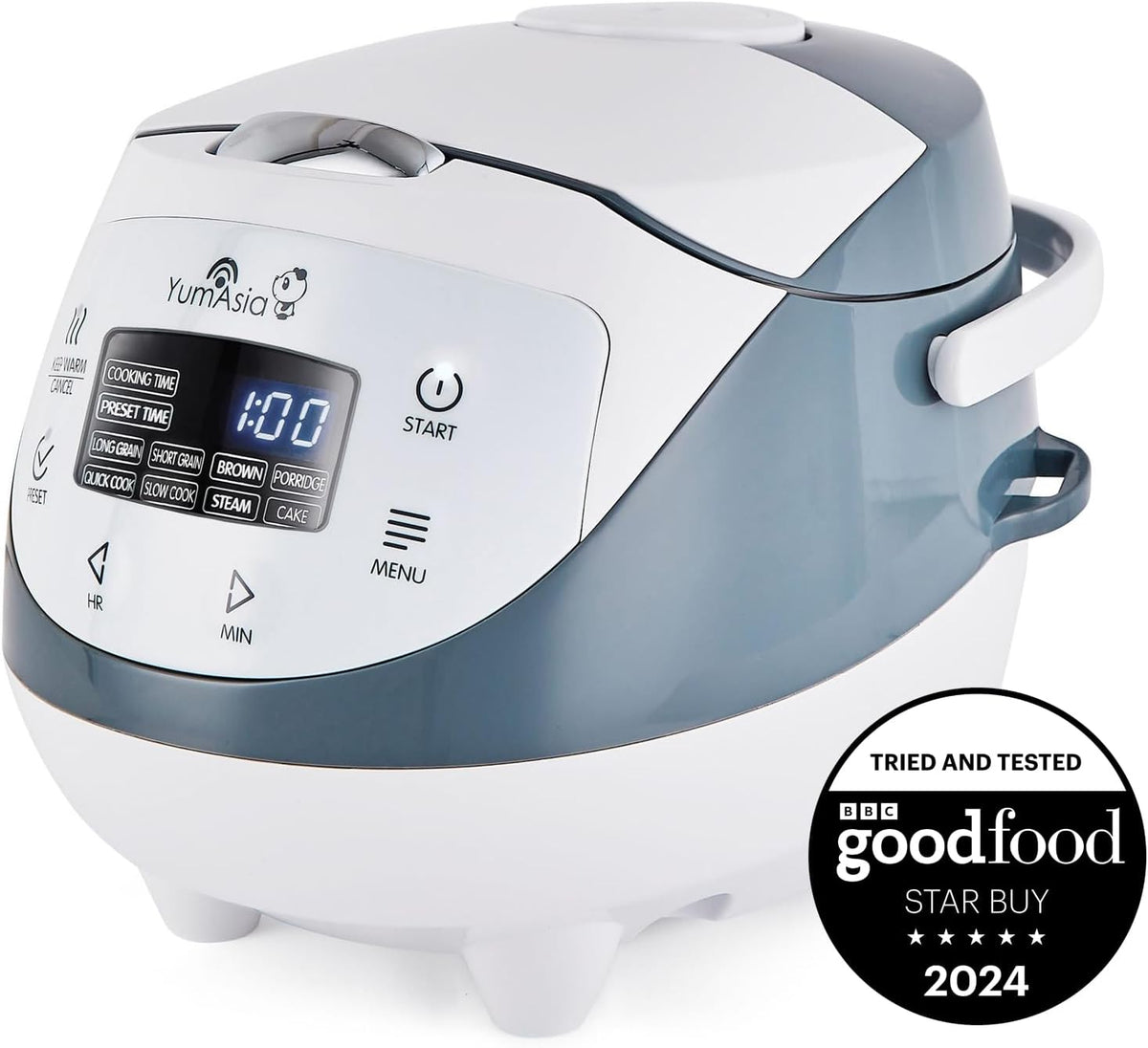 Yum Asia Panda Mini Rice Cooker With Ninja Ceramic Bowl and Advanced Fuzzy Logic (3.5 cup, 0.63 litre) 4 Rice Cooking Functions, 4 Multicooker functions, LED display, 220-240V (White and Grey)