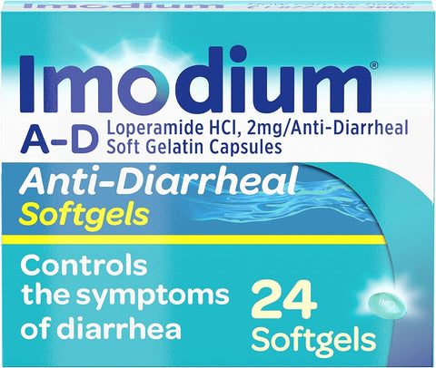 Imodium A-D Anti-Diarrheal Medicine Softgels with 2 mg Loperamide Hydrochloride per Capsule, Diarrhea Relief to Help Control Symptoms Due to Acute, Active & Traveler's Diarrhea, 24 ct.