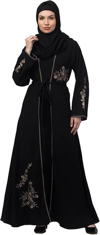 HIZFASON women latest leyered embroidered long dress shrug wear abaya burkha (L, Black)