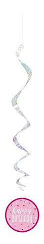 Unique 83806" Happy Birthday Pink Hanging Swirl Decorations-32 Silver | 6 Pcs