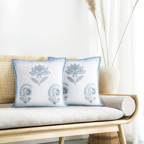 HOMEMONDE Sanganeri Hand Block Printed Soft Cushion Cover Set of 2 - Square 16 x 16 Inches Cotton Throw Pillow Cover, Baby Blue