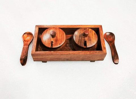 DWH DELUXE WOOD HANDICRAFTS ecorative Box Wooden Jars Mukhwas Container Multipurpose Mukhwas Tray Set Refreshment Serveware Supari Saunf and Masala Box Container Set of 2 Box with Tray and Spoon