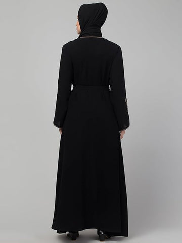 HIZFASON women latest leyered embroidered long dress shrug wear abaya burkha (L, Black)