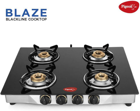 Pigeon by Stovekraft Blaze Gas Stove with High Powered 4 Brass Burner, Glass Cooktop has Glass Top and Stainless Steel body, Manual Ignition (Black)