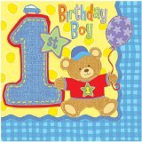 Hugs and Stitches Boy Birthday Napkins, 1st Birthday Beverage Napkins