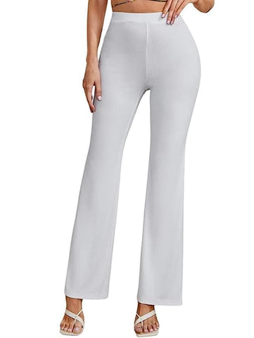 Bhochi Western Trousers Pants for Women | Stretchable Yoga Pants | Boot Cut Ribbed Trouser| Bell Bottom Trousers for Women (White, M)