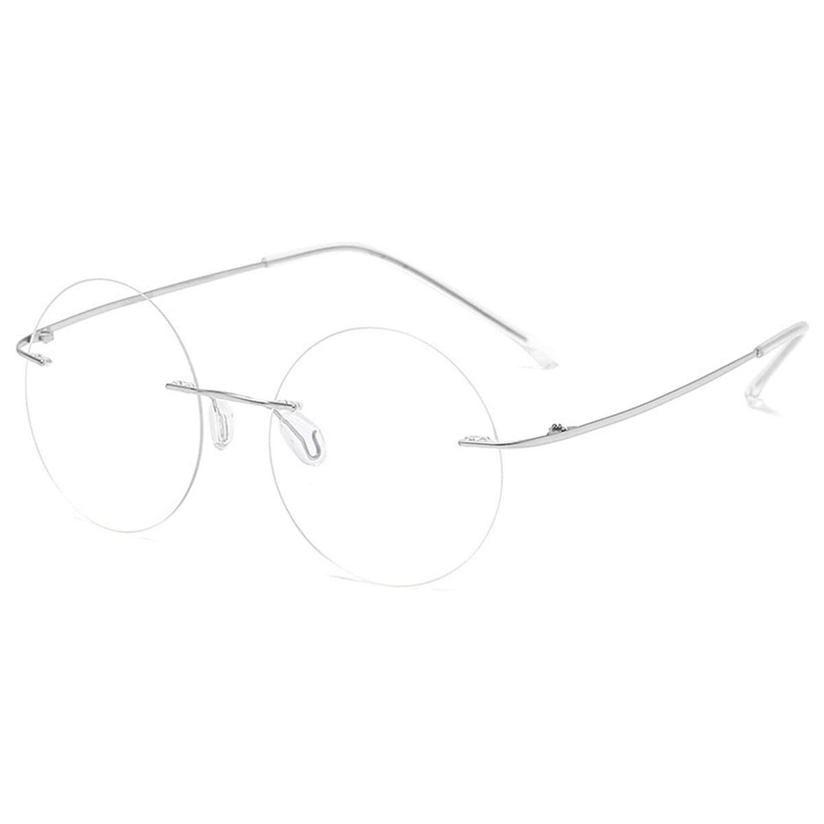 KOOSUFA Round Rimless Titanium Reading Glasses Blue Light Blocking for Men Women Lightweight Fashion Frameless Eyeglasses Readers Eyewear Transparent Silver, 2.0