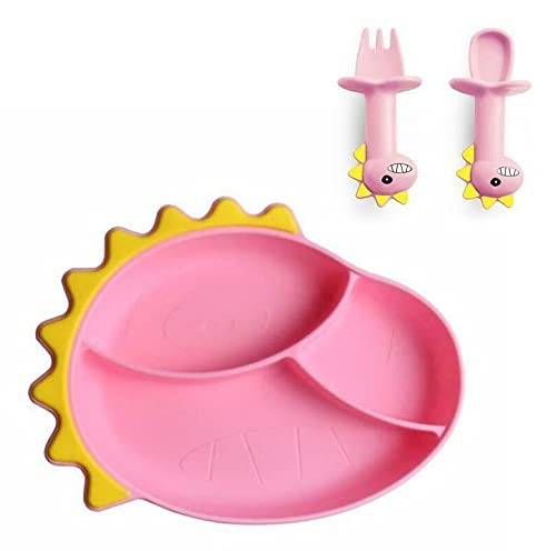 Baby Feeding Stay Put Bowl Spoon Fork 3 Pcs Set, Cartoon Dinosaur Silicone Divided 3 Section Plate with Non Slip Suction Base, Light Teething Spoon and Fork. Plate for Toddler, Baby and Infant (Pink)