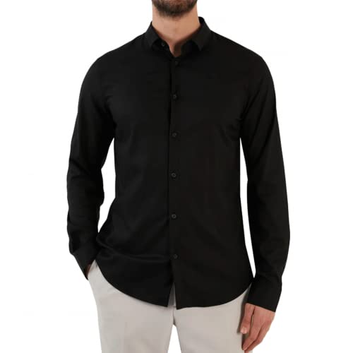 Armani Exchange Men's Long Sleeve Ultra Stretch Lyocell Button Down Shirt. Slim Fit, Black, M