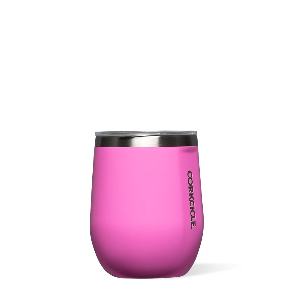 Corkcicle Stemless Insulated Wine Glass Tumbler, Miami Pink, 12 oz - Stainless Steel Stemless Wine Glass Keeps Beverages Cold for 6 Hours, Hot for 3 Hours - Non-Slip, Easy-Grip Insulated Cup